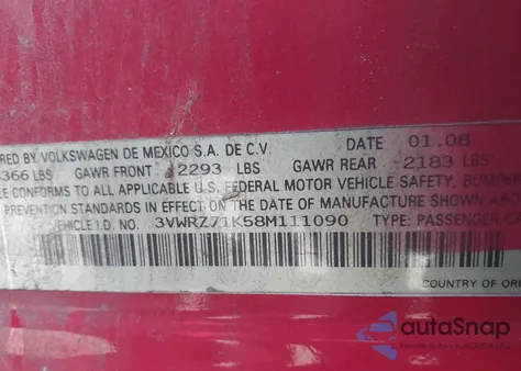 2008 Volkswagen Jetta Se z USA, uszkodzony, nr VIN 3VWRZ71K58M111090